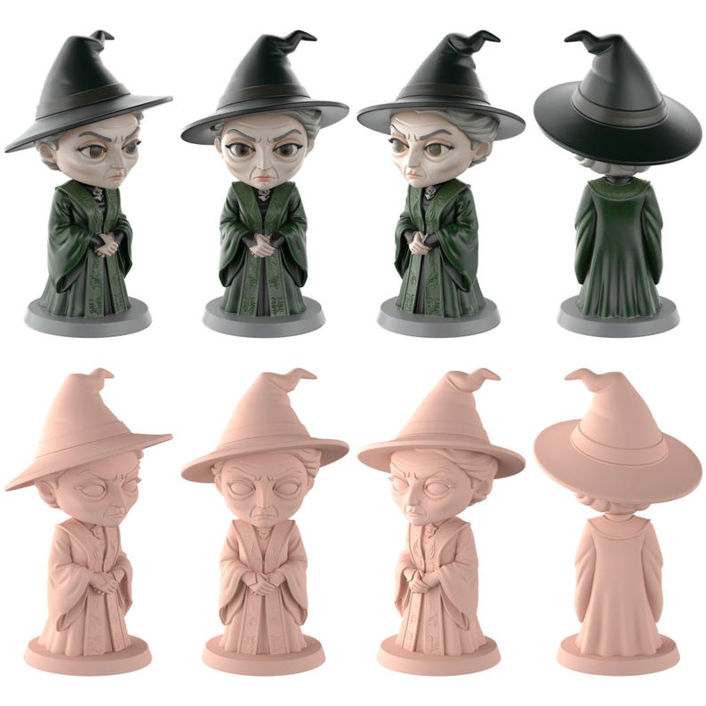 May include: Eight witch figurines are displayed. Four are in green with black hats and robes. The other four are in a light pink colour. All have a stern expression and wear witch hats.