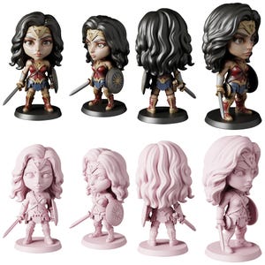 May include: Collection of Wonder Woman figurines in various poses. The figurines are in two color schemes: one with a classic color palette of red, blue, and gold, and the other in a monochromatic pink. Each figurine holds a sword and shield.