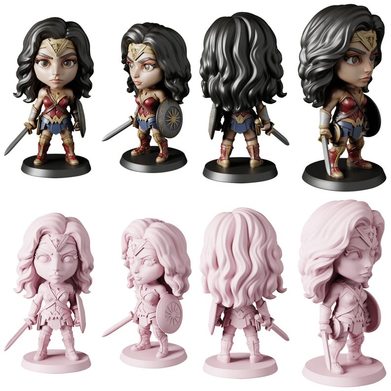 May include: Collection of Wonder Woman figurines in various poses. The figurines are in two color schemes: one with a classic color palette of red, blue, and gold, and the other in a monochromatic pink. Each figurine holds a sword and shield.