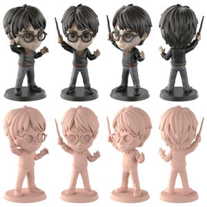 May include: Eight figurines of a character with round glasses, a wand, and a scar on the forehead. Four are painted with black hair, a grey outfit, and a black base. The other four are a solid pink colour.