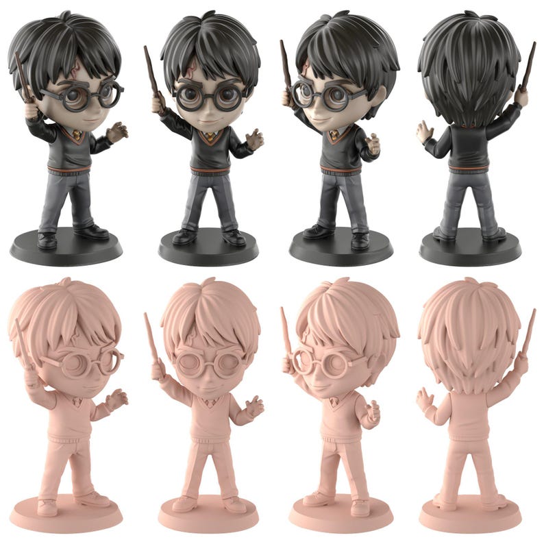 May include: Eight figurines of a character with round glasses, a wand, and a scar on the forehead. Four are painted with black hair, a grey outfit, and a black base. The other four are a solid pink colour.