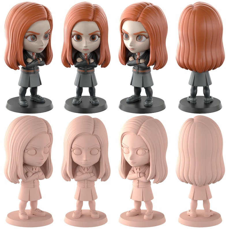 May include: A collection of eight figurines. Four are painted with red hair, black jackets, grey skirts, and black shoes. The other four are unpainted. The figurines are standing on black or pink bases. The figures have their arms crossed.
