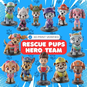 Op de afbeelding: Een verzameling 3D-geprinte beeldjes met personages uit de serie "Rescue Pups Hero Team". De beeldjes zijn in verschillende kleuren en ontwerpen, met de tekst "3D PRINT VERIFIED" en "RESCUE PUPS HERO TEAM" zichtbaar.