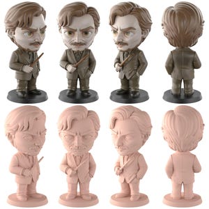 May include: A set of bobblehead figurines depicting a character with brown hair, a moustache, and a suit. The figurines are in different poses, holding a wand. The bases are black. The bottom row of figurines are a light pink colour.
