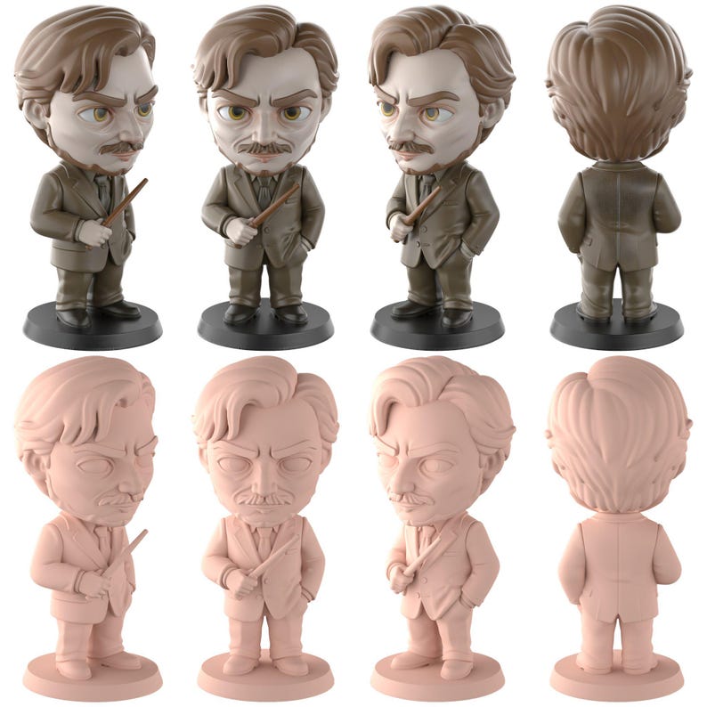 May include: A set of bobblehead figurines depicting a character with brown hair, a moustache, and a suit. The figurines are in different poses, holding a wand. The bases are black. The bottom row of figurines are a light pink colour.