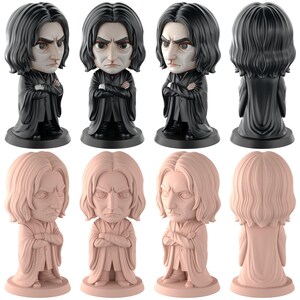 May include: A collection of figurines depicting a character with black hair and a serious expression. The figures are in black and a light peach colour. The character is wearing a long coat and has their arms crossed.