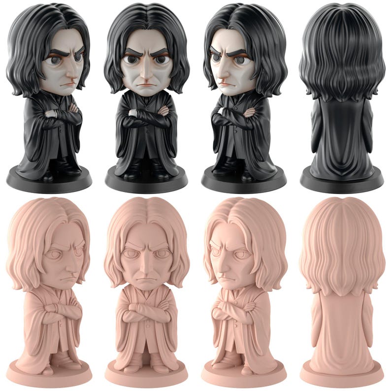 May include: A collection of figurines depicting a character with black hair and a serious expression. The figures are in black and a light peach colour. The character is wearing a long coat and has their arms crossed.