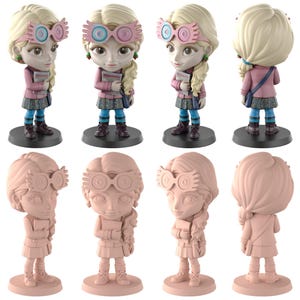 May include: A figurine of a character with blonde hair, wearing pink glasses, a pink coat, and a blue skirt. The figurine is holding a book and has a small blue bag. The figurine is on a black base. Multiple views of the figurine are shown.
