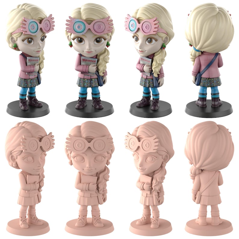 May include: A figurine of a character with blonde hair, wearing pink glasses, a pink coat, and a blue skirt. The figurine is holding a book and has a small blue bag. The figurine is on a black base. Multiple views of the figurine are shown.