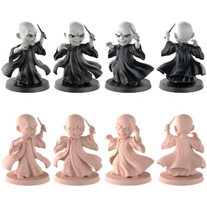 May include: Eight figurines of a bald character with a wand, in a black robe and a light pink robe. The figurines are on a black base. The character has an angry expression.
