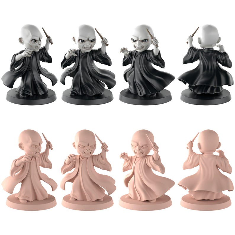 May include: Eight figurines of a bald character with a wand, in a black robe and a light pink robe. The figurines are on a black base. The character has an angry expression.