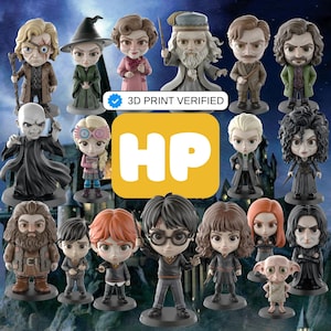 以下が含まれることがあります： ファンタジーシリーズのキャラクターの、詳細なフィギュアのコレクション。さまざまなポーズと衣装で、さまざまな肌の色と髪の色があります。暗い背景に、黄色の正方形に「HP」という文字があります。