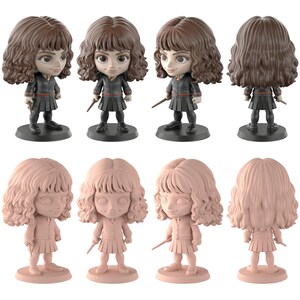 May include: A set of Hermione Granger figurines. The figures have brown hair, black skirts, and hold wands. The top row shows coloured figures, while the bottom row displays unpainted, pink-toned versions.