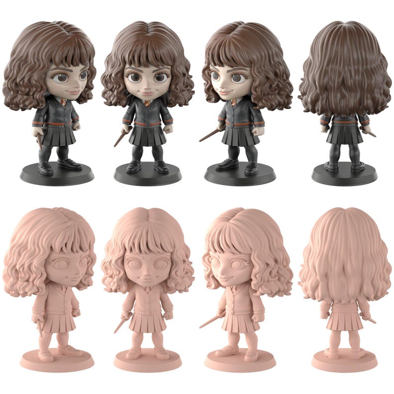 May include: A set of Hermione Granger figurines. The figures have brown hair, black skirts, and hold wands. The top row shows coloured figures, while the bottom row displays unpainted, pink-toned versions.