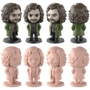 May include: Eight collectible figurines are shown. Four are painted with green coats, purple shirts, and black trousers. The other four are unpainted, in a light pink colour. All figurines share a similar design, with a bearded face and curly hair.