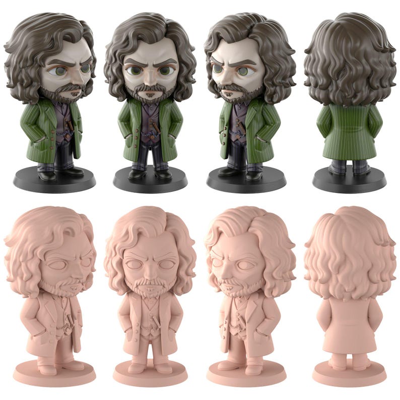 May include: Eight collectible figurines are shown. Four are painted with green coats, purple shirts, and black trousers. The other four are unpainted, in a light pink colour. All figurines share a similar design, with a bearded face and curly hair.
