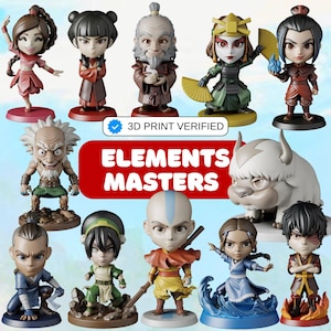 May include: A collection of colorful, stylized figurines of characters from the animated series, "Avatar: The Last Airbender." The figures are displayed on individual bases and include characters like Aang, Katara, and Zuko. The text "ELEMENTS MASTERS" is visible.