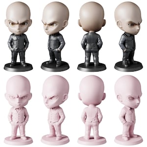 May include: A set of eight small figurines of a bald man in a suit, with an angry expression. The figurines are in two color schemes: gray and pink. Each figure is approximately 3 inches tall.