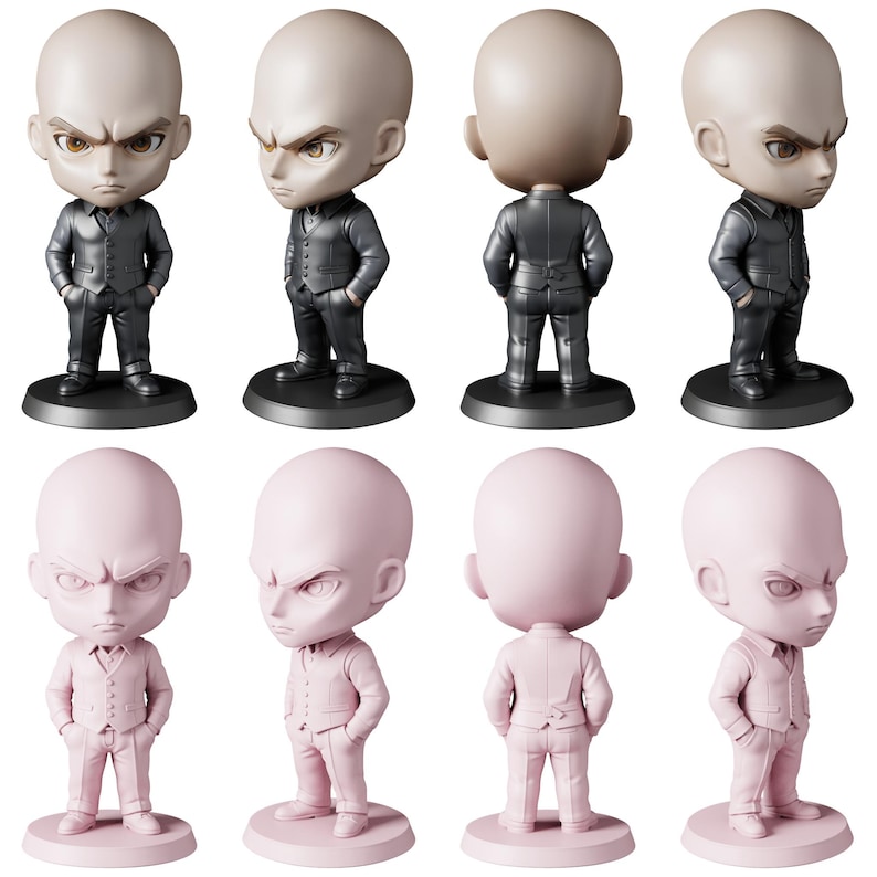 May include: A set of eight small figurines of a bald man in a suit, with an angry expression. The figurines are in two color schemes: gray and pink. Each figure is approximately 3 inches tall.