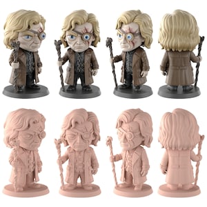 May include: A set of figurines featuring a character with blonde hair, a scar, and a monocle, presented from various angles. The figures display the character's clothing, including a long coat and a cane. The figurines are mounted on a black base.