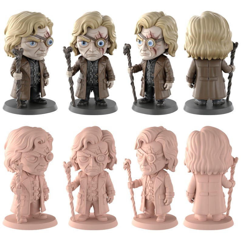 May include: A set of figurines featuring a character with blonde hair, a scar, and a monocle, presented from various angles. The figures display the character's clothing, including a long coat and a cane. The figurines are mounted on a black base.
