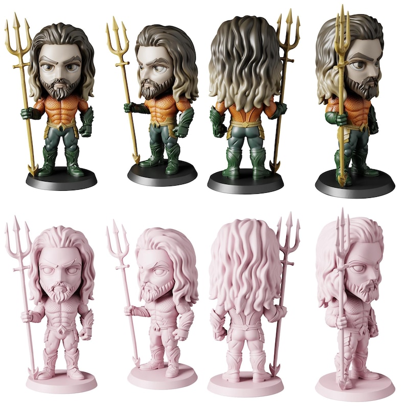 May include: A collection of Aquaman figurines in various poses. The figures are depicted in their classic costume, holding a golden trident. The top row features detailed, colored figures, while the bottom row shows pink monochromatic versions.