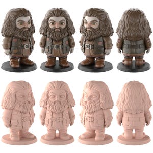 May include: A collection of figurines featuring a character with a long beard, dressed in a brown coat and boots. The image presents the figurines from various angles, including front, side, and rear views. The lower row displays the same figurines in a pale pink hue.