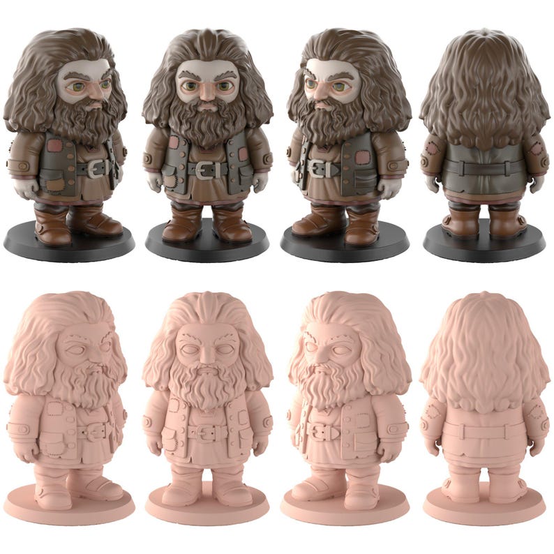 May include: A collection of figurines featuring a character with a long beard, dressed in a brown coat and boots. The image presents the figurines from various angles, including front, side, and rear views. The lower row displays the same figurines in a pale pink hue.