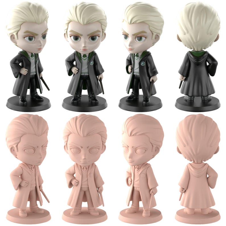 May include: Eight figurines of a character from a fantasy series are shown. The top row depicts the character in a black robe with a green and silver emblem, holding a wand. The bottom row shows the character in a light pink robe.