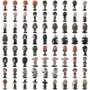 May include: A selection of miniature figurines representing characters from a fantasy series. The figurines are in various poses and outfits, with detailed facial features and clothing. The color palette includes shades of black, brown, red, and green.