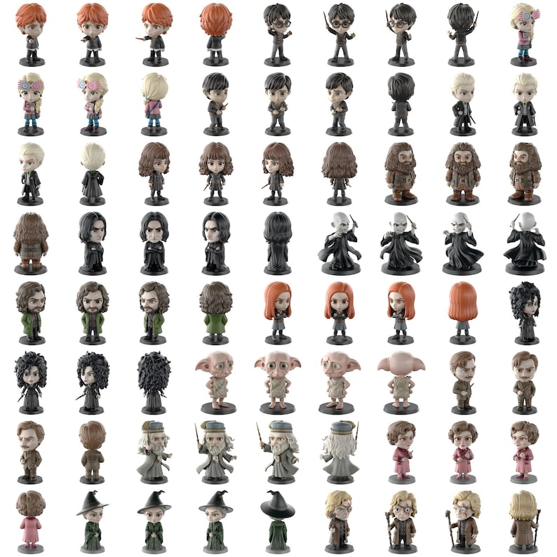 May include: A selection of miniature figurines representing characters from a fantasy series. The figurines are in various poses and outfits, with detailed facial features and clothing. The color palette includes shades of black, brown, red, and green.