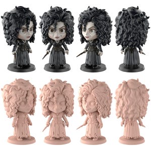 May include: Eight figurines of a character with dark curly hair, wearing a dark dress and holding a wand. Four figurines are black and grey, and four are a light pink colour. The figurines are on a black base.