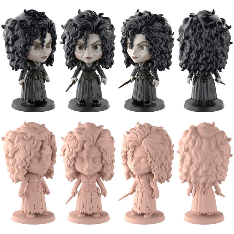 May include: Eight figurines of a character with dark curly hair, wearing a dark dress and holding a wand. Four figurines are black and grey, and four are a light pink colour. The figurines are on a black base.