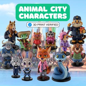 Puede incluir: Una colección de figuras coloridas de personajes de Animal City, que incluyen un caballo, una rana, un oso, un mapache, una gacela, un guepardo, un búfalo, un lobo, un conejo, un zorro y una serpiente. Las figuras están sobre bases negras.