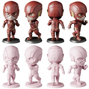May include: A set of eight Flash figurines. Four are in a red and gold color scheme, and four are in a light pink color. Each figurine is in a running pose and has a large head. The figurines are on black and pink bases.