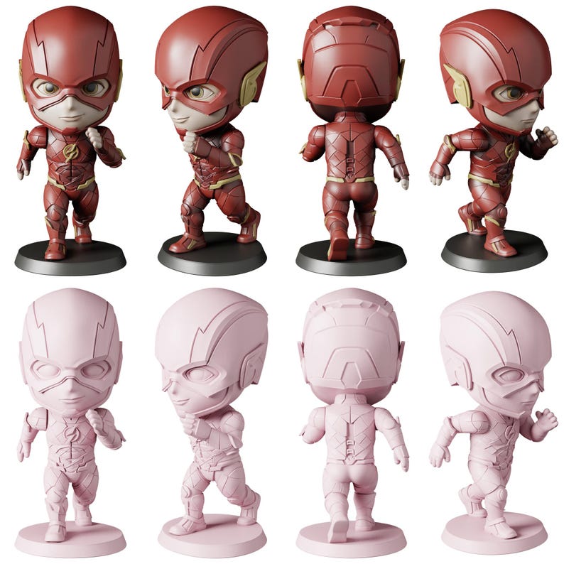 May include: A set of eight Flash figurines. Four are in a red and gold color scheme, and four are in a light pink color. Each figurine is in a running pose and has a large head. The figurines are on black and pink bases.