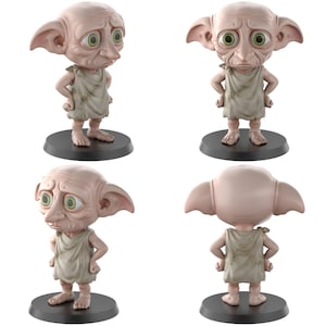 May include: A figurine of a character with large ears, green eyes, and a sad expression. The figure is wearing a tan tunic and standing on a black circular base. The image shows the figurine from multiple angles.