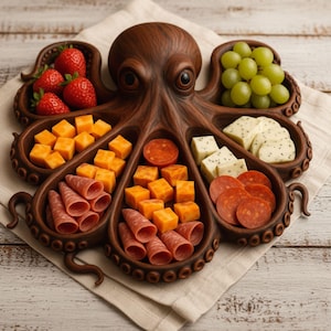 Può includere: Un vassoio da portata a forma di polpo marrone pieno di cibo. Contiene fragole, uva verde, cubetti di formaggio, salame e pepperoni. Il vassoio è su un panno bianco, posto su una superficie di legno chiaro.