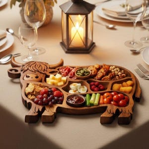 Highland Cow Wooden Charcuterie Board | Serving Platter | Farmhouse Divided Snack Tray