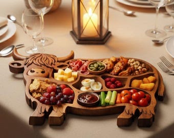 Highland Cow Wooden Charcuterie Board | Serving Platter | Farmhouse Divided Snack Tray