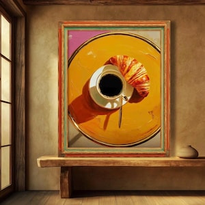 Impresión de arte mural de café y croissant, decoración de pared de cocina, póster de desayuno de cafetería, impresión estética de cafetería, arte fotográfico gastronómico