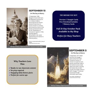 May include: Educational digital download featuring historical events. Includes a photo of Margaret Chase Smith, a rocket launch, and text about the Voyager 1 space probe. Also includes text: "Why Teachers Love This: Ready-to-use classroom content."