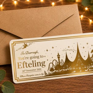May include: A rectangular white card with gold foil accents featuring a silhouette of a castle, roller coaster, and dragon. The text reads: To Darragh, You're going to Efteling, 26th November 2026, Where Fairytales come to life. Includes a brown envelope.