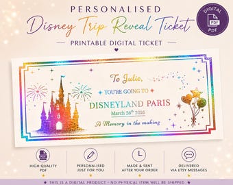 Billet personnalisé pour un voyage à Disney | Billet numérique | Cadeau surprise | Billet de vacances personnalisé | Multilingue | PDF imprimable