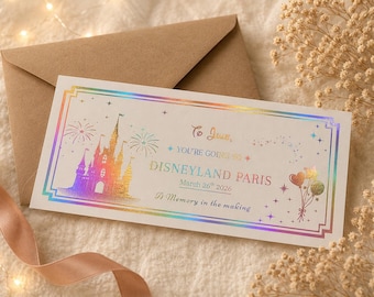 Enthüllungsticket für eine Disney-Reise | Überraschendes Geschenk in Folie | Personalisierter Disneyland-Urlaubsgutschein | Umschlag | Mehrsprachig