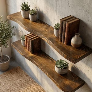 May include: Two rustic, live-edge wooden shelves mounted on a concrete wall. The shelves are stained a warm brown and hold potted succulents, vintage books, and a small ceramic vase. A potted olive tree and a woven rug are in the foreground.