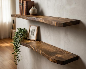 Live Edge Floating Shelf for Home Office, Solid Wood Wall Shelf, Minimalist Desk Setup Decor, Rustic Modern Storage