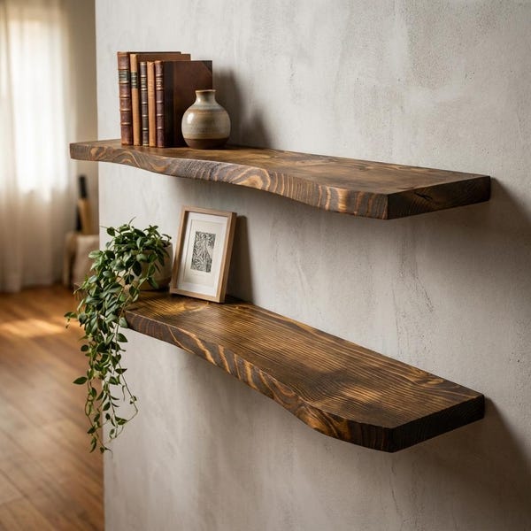 Prateleira flutuante com borda natural para escritório em casa, prateleira de parede em madeira maciça, decoração minimalista para mesa de trabalho, armazenamento rústico moderno.
