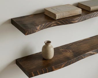Live Edge Floating Shelf, Solid Wood Wall Mounted Shelf, Rustic Farmhouse Home Decor, Heavy Duty Wooden Shelf for Kitchen & Bathroom