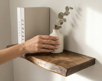 Natural Wood Live Edge Floating Shelf, Solid Hardwood Rustic Wall Decor, Modern Farmhouse Decor